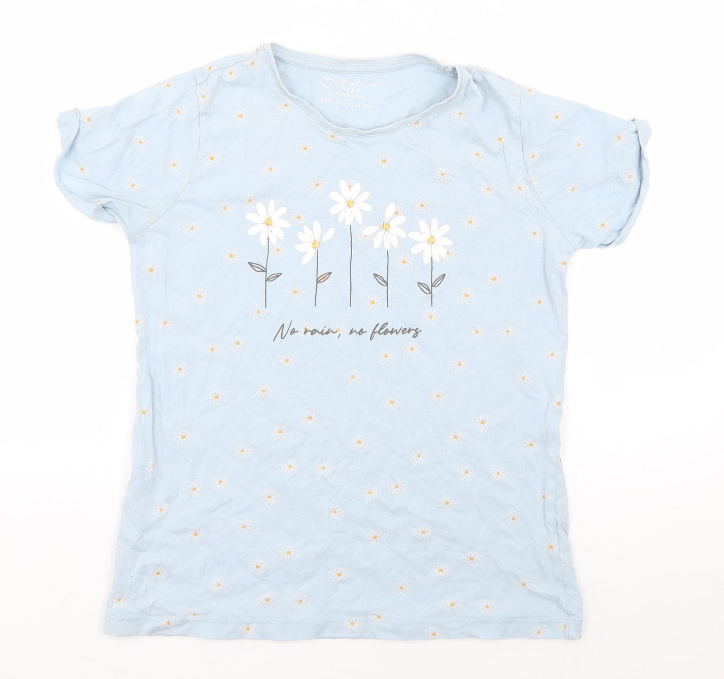 Primark Girls Blue Floral Cotton Basic T-Shirt Size 12-13 Years Round Neck Pullover - No Rain, No Flowers