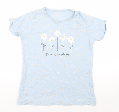 Primark Girls Blue Floral Cotton Basic T-Shirt Size 12-13 Years Round Neck Pullover - No Rain, No Flowers