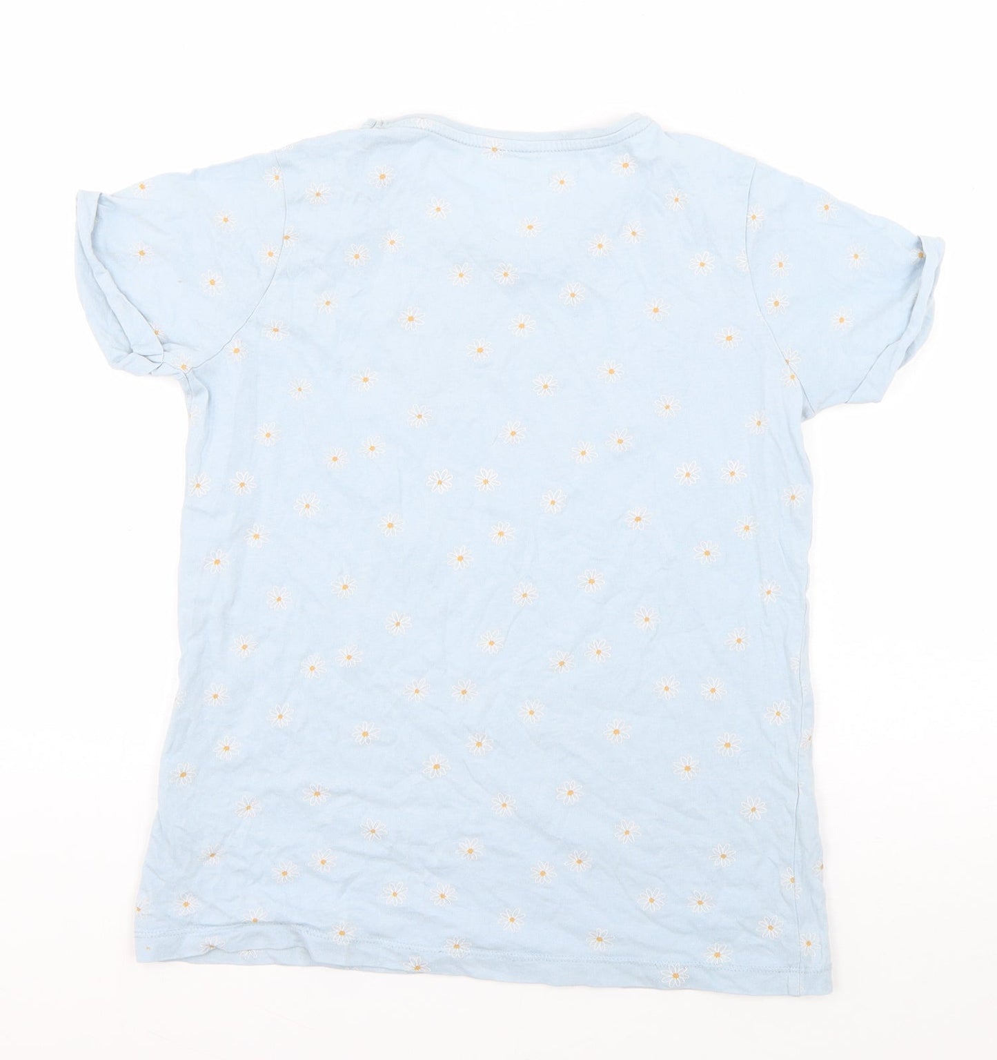 Primark Girls Blue Floral Cotton Basic T-Shirt Size 12-13 Years Round Neck Pullover - No Rain, No Flowers