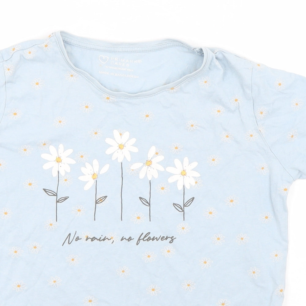 Primark Girls Blue Floral Cotton Basic T-Shirt Size 12-13 Years Round Neck Pullover - No Rain, No Flowers