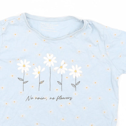 Primark Girls Blue Floral Cotton Basic T-Shirt Size 12-13 Years Round Neck Pullover - No Rain, No Flowers