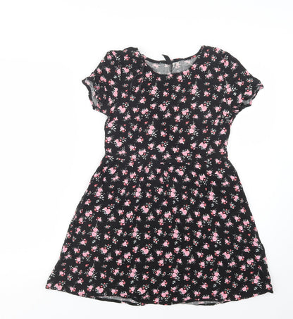 H&M Womens Black Floral Viscose Fit & Flare  Size 4  Crew Neck