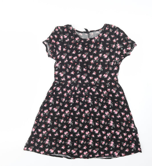 H&M Womens Black Floral Viscose Fit & Flare  Size 4  Crew Neck
