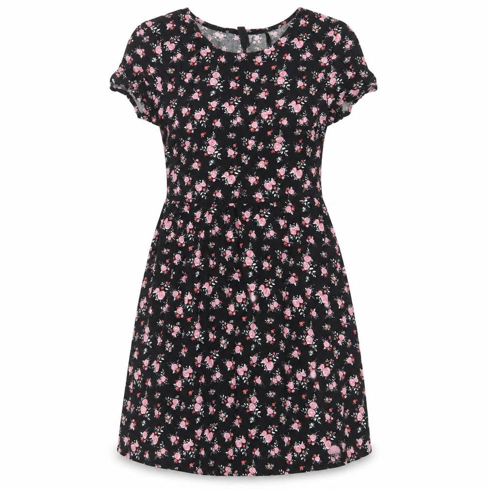 Front view of H&M women’s black floral viscose fit & flare, size UK 4, crew neck