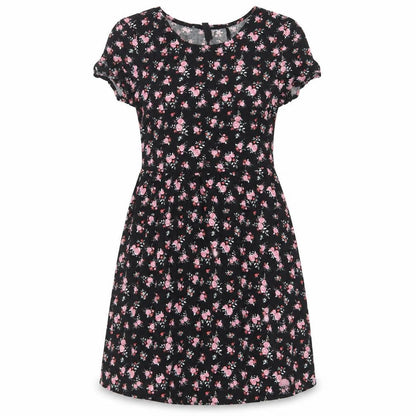 Front view of H&M women’s black floral viscose fit & flare, size UK 4, crew neck
