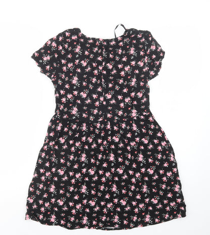 H&M Womens Black Floral Viscose Fit & Flare  Size 4  Crew Neck