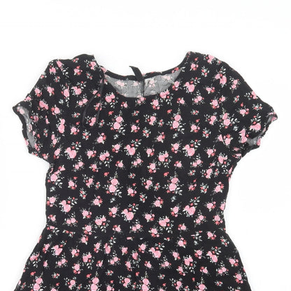 H&M Womens Black Floral Viscose Fit & Flare  Size 4  Crew Neck