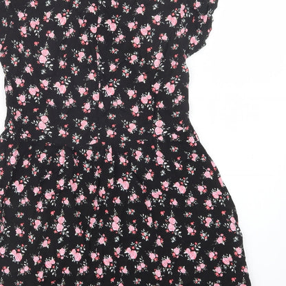 H&M Womens Black Floral Viscose Fit & Flare  Size 4  Crew Neck