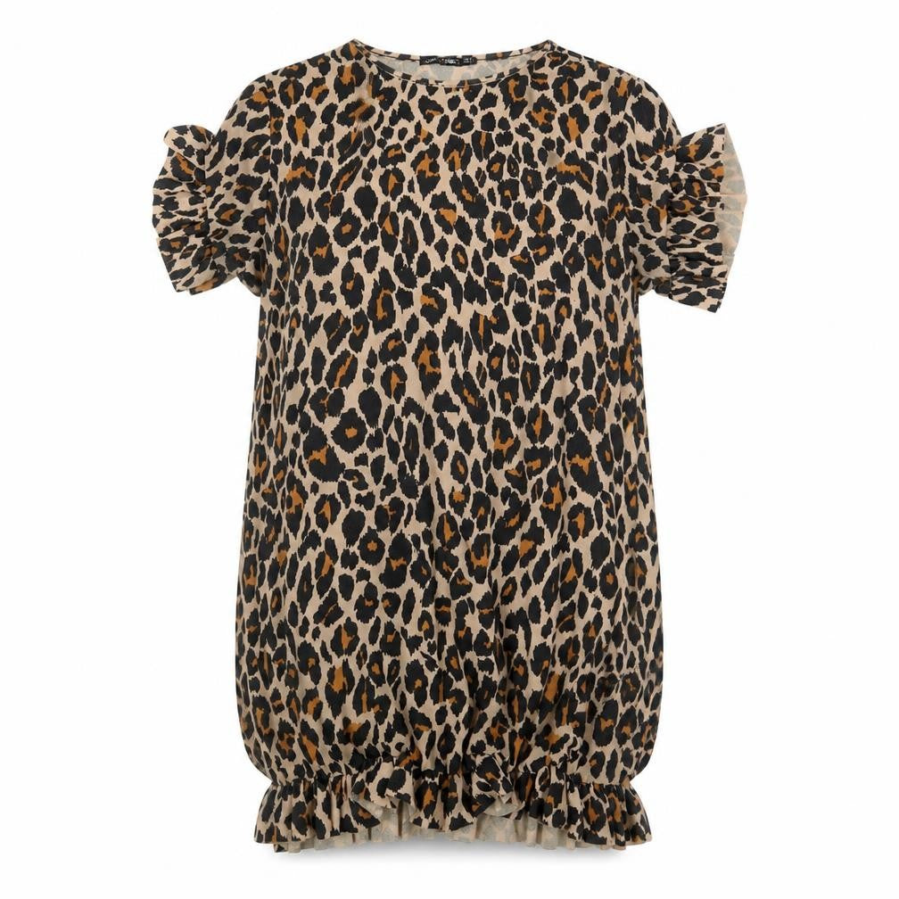 Front view of I Saw It First women’s brown animal print polyester t-shirt dress, size UK 6, crew neck