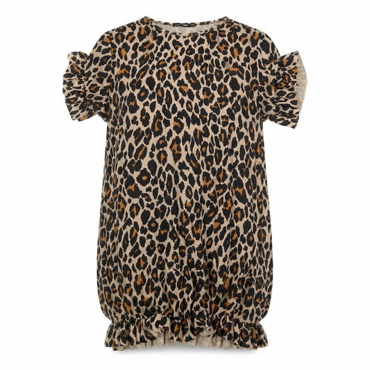 Front view of I Saw It First women’s brown animal print polyester t-shirt dress, size UK 6, crew neck