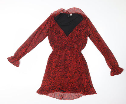 H&M Womens Red Animal Print Polyester Fit & Flare  Size 6  V-Neck