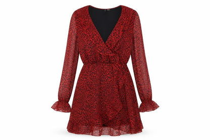 Front view of H&M women’s red animal print polyester fit & flare, size UK 6, v-neck