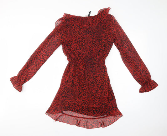 H&M Womens Red Animal Print Polyester Fit & Flare  Size 6  V-Neck