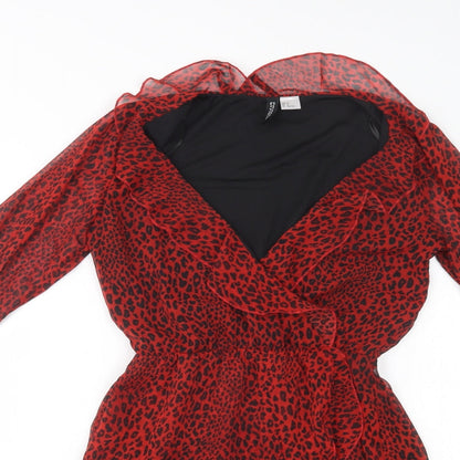 H&M Womens Red Animal Print Polyester Fit & Flare  Size 6  V-Neck