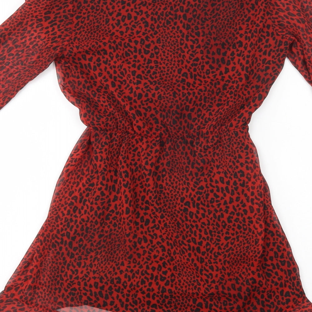 H&M Womens Red Animal Print Polyester Fit & Flare  Size 6  V-Neck