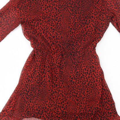 H&M Womens Red Animal Print Polyester Fit & Flare  Size 6  V-Neck