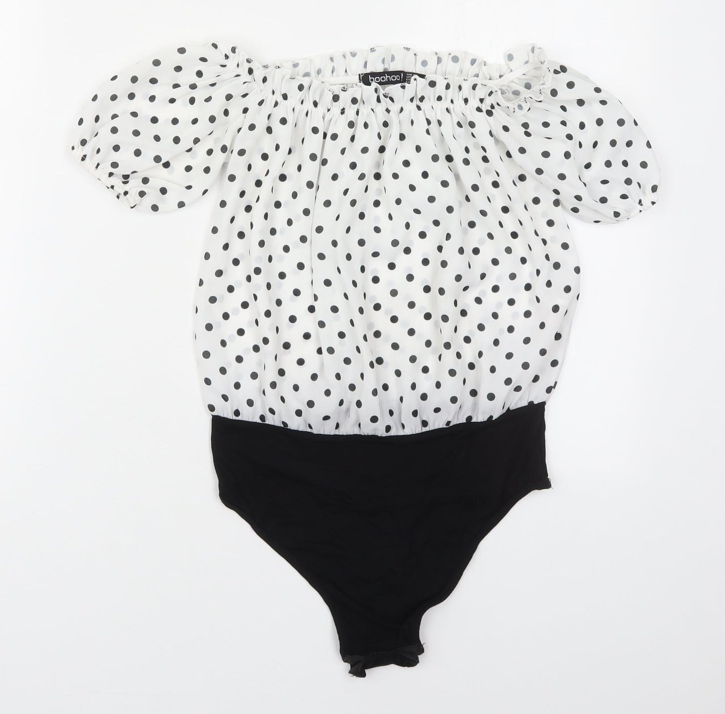 Boohoo Womens White Polka Dot Polyester Bodysuit One-Piece Size 6  Pullover - Black and White