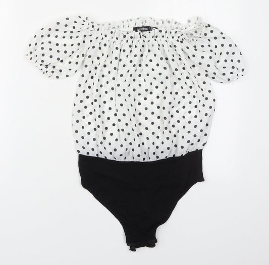Boohoo Womens White Polka Dot Polyester Bodysuit One-Piece Size 6  Pullover - Black and White