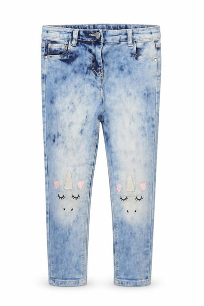 Front view of Next men’s blue cotton skinny jeans, size 9, months regular button - unicorn