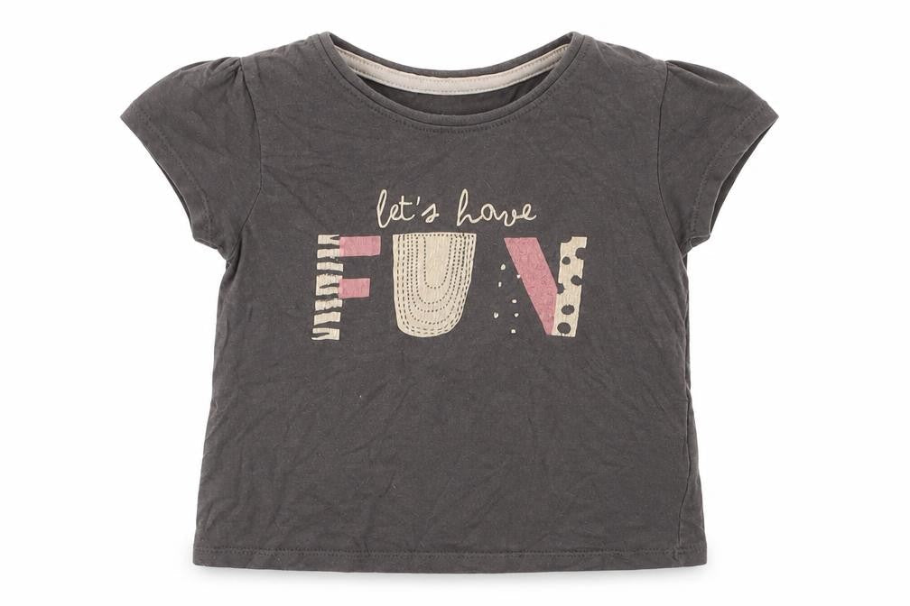 Front view of Primark girls’ grey cotton basic t-shirt, size 18-24, months crew neck pullover - let's have fun