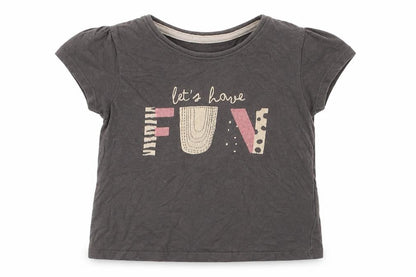 Front view of Primark girls’ grey cotton basic t-shirt, size 18-24, months crew neck pullover - let's have fun