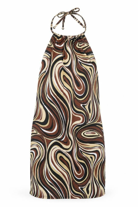 Front view of I SAW IT FIRST women’s brown geometric polyester mini, size UK 6, halter pullover - abstract