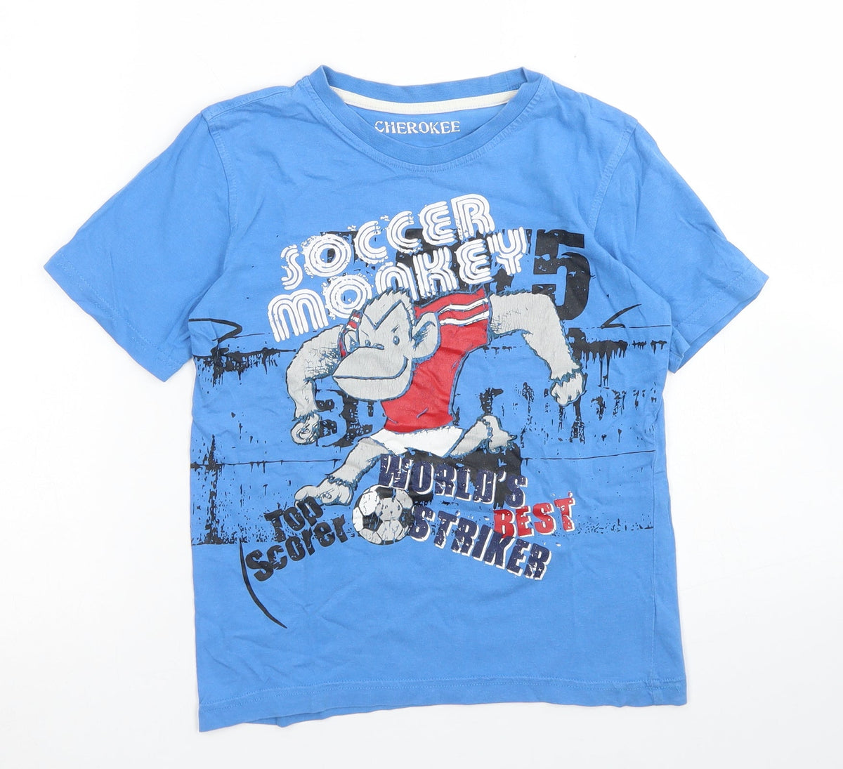 Additional front view of Cherokee boys’ blue cotton basic t-shirt, size 7-8, years crew neck