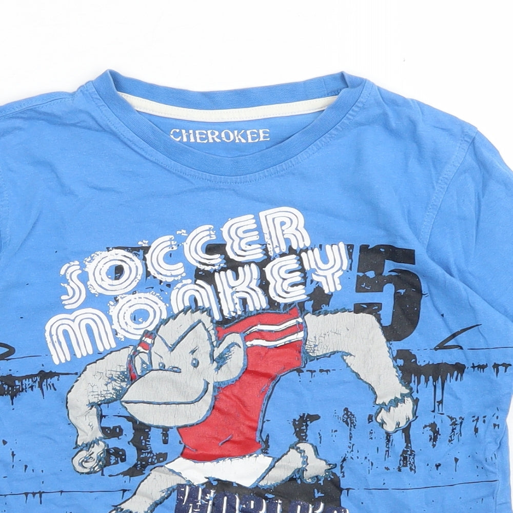 Close-up detail of Cherokee boys’ blue cotton basic t-shirt, size 7-8, years crew neck