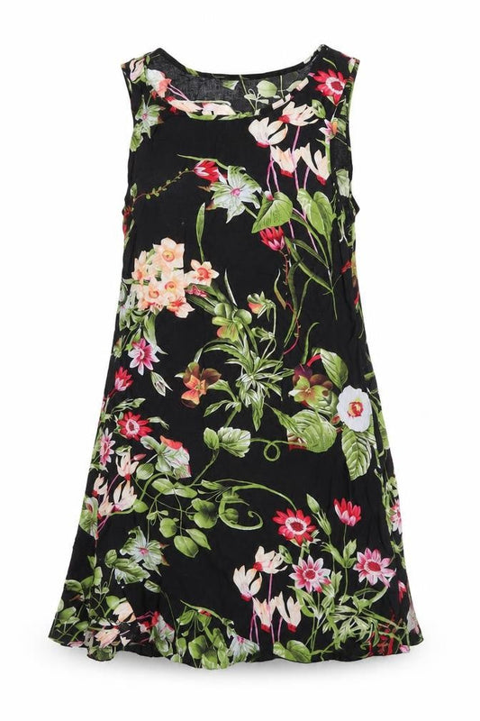 Front view of 4Me women’s black floral polyester skater dress, size XS, round neck zip
