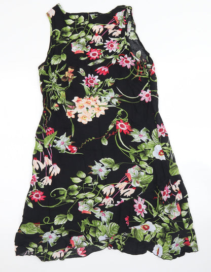 4Me Womens Black Floral Polyester Skater Dress  Size XS  Round Neck Zip