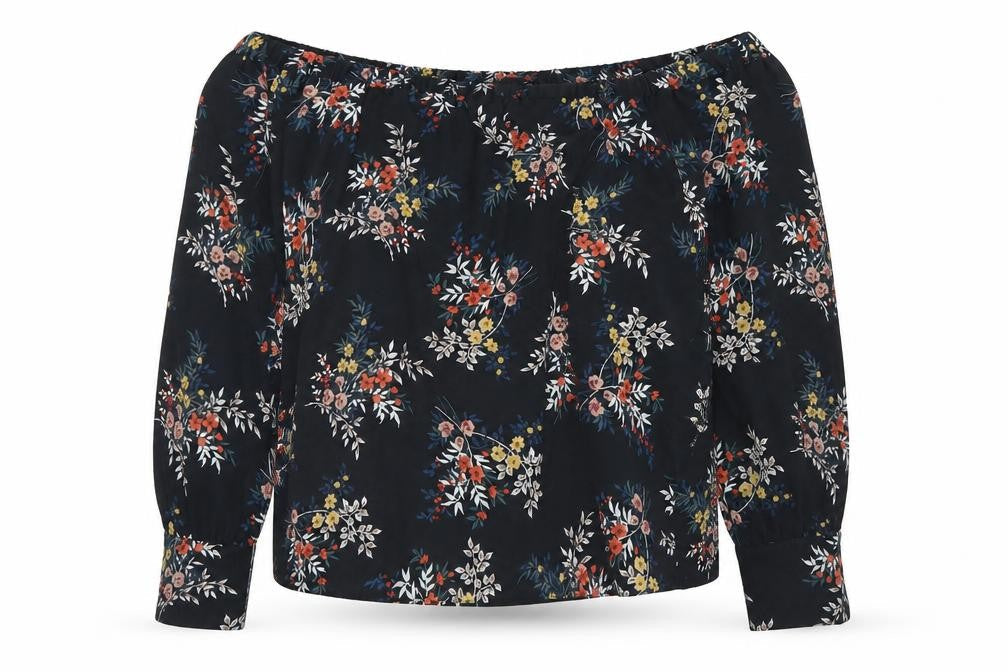 Front view of Atmosphere women’s black floral polyester cropped blouse, size UK 14, off the shoulder