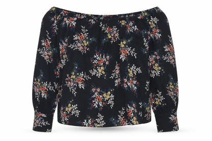 Front view of Atmosphere women’s black floral polyester cropped blouse, size UK 14, off the shoulder