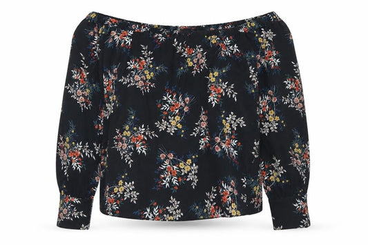 Front view of Atmosphere women’s black floral polyester cropped blouse, size UK 14, off the shoulder