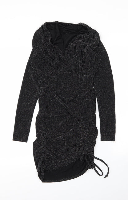 PRETTYLITTLETHING Womens Black  Nylon Bodycon  Size 8  V-Neck