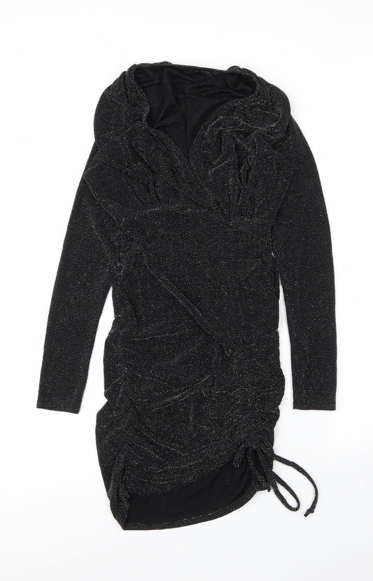 PRETTYLITTLETHING Womens Black  Nylon Bodycon  Size 8  V-Neck