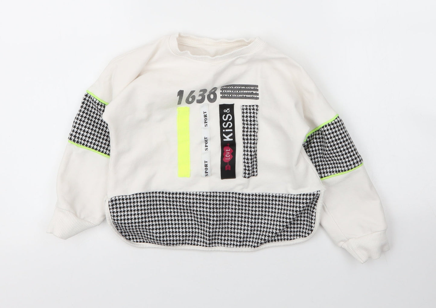 Flamingo Girls White Round Neck Houndstooth Cotton Pullover Jumper Size 6 Years