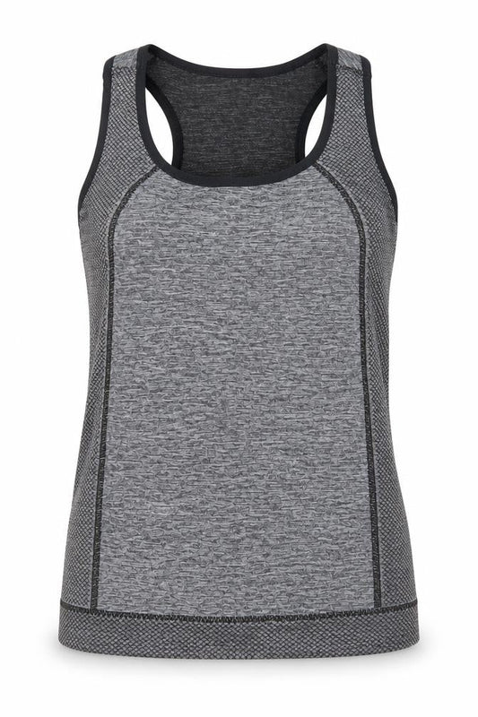 Front view of women’s grey polyester basic tank, size S, round neck