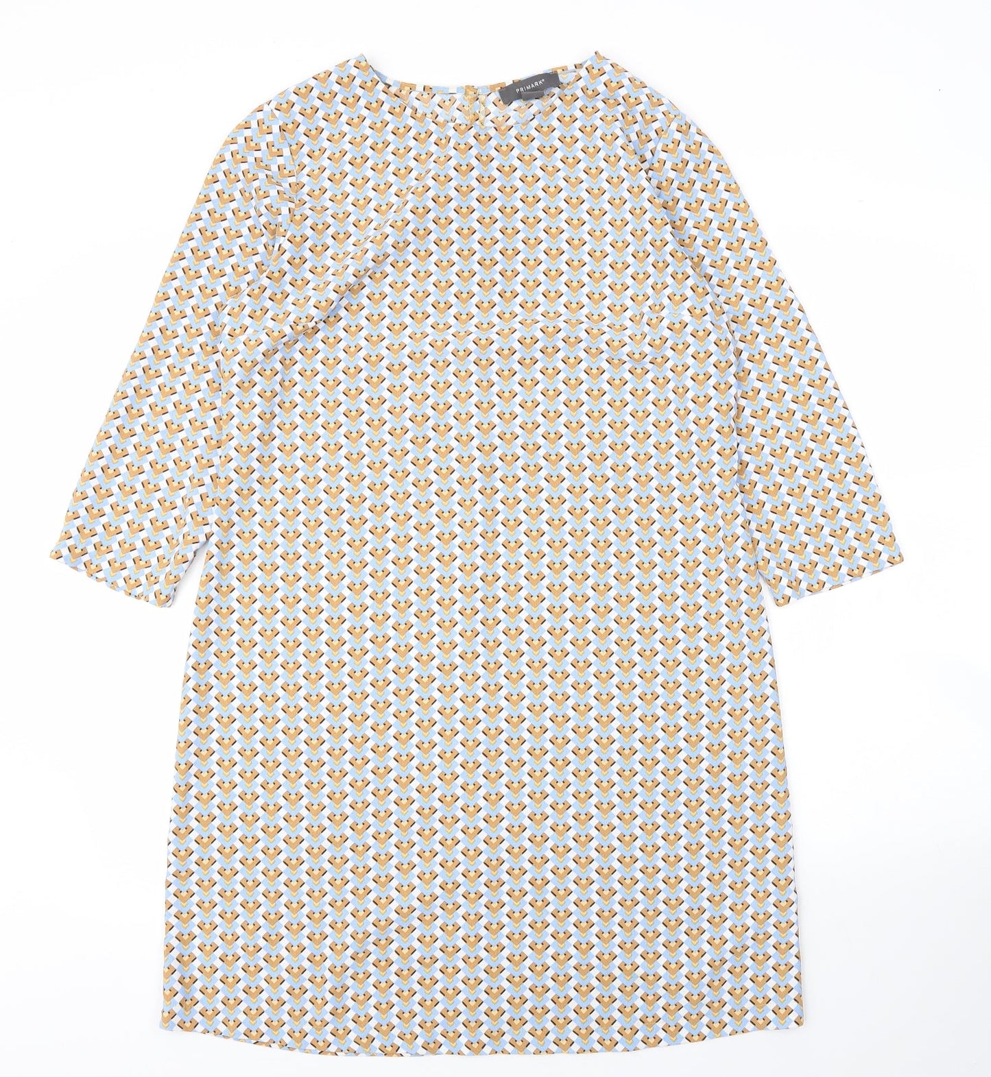 Primark Womens Yellow Geometric Polyester Shift  Size 12  Roll Neck Button