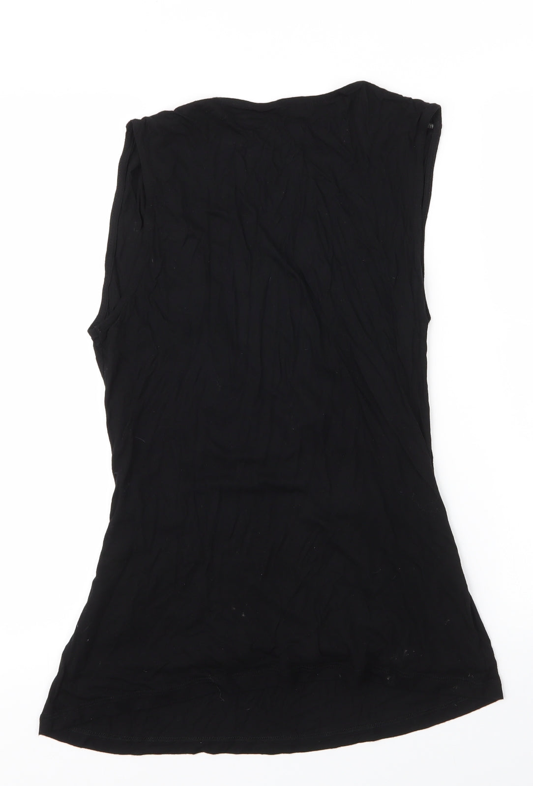 Back view of LASCANA women’s black viscose basic blouse, size S, scoop neck