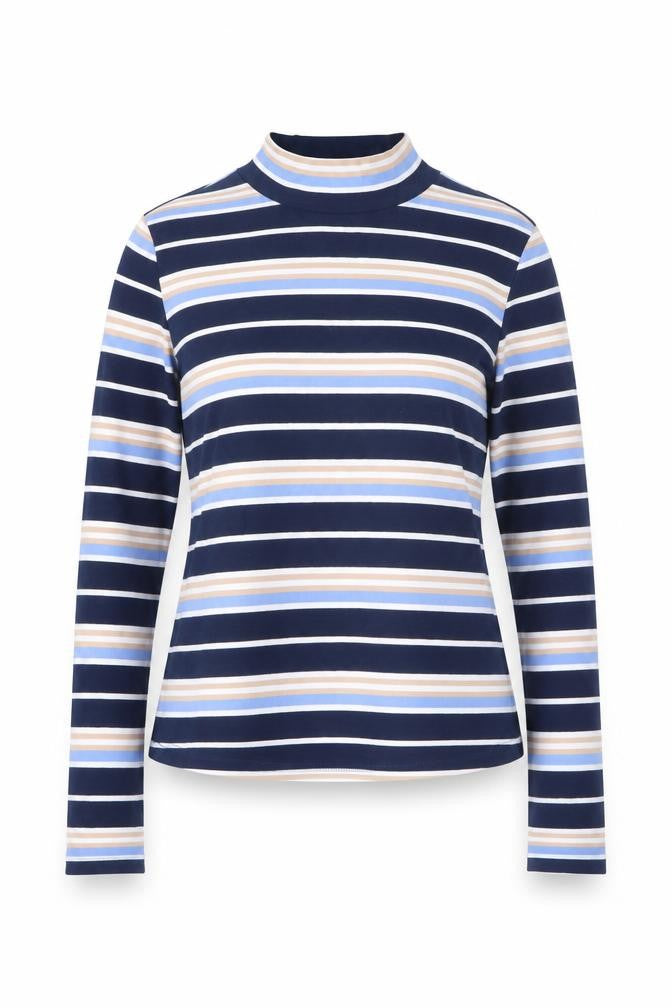 Front view of SHEIN women’s blue striped cotton basic t-shirt, size XS, mock neck