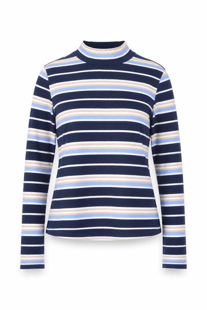 Front view of SHEIN women’s blue striped cotton basic t-shirt, size XS, mock neck