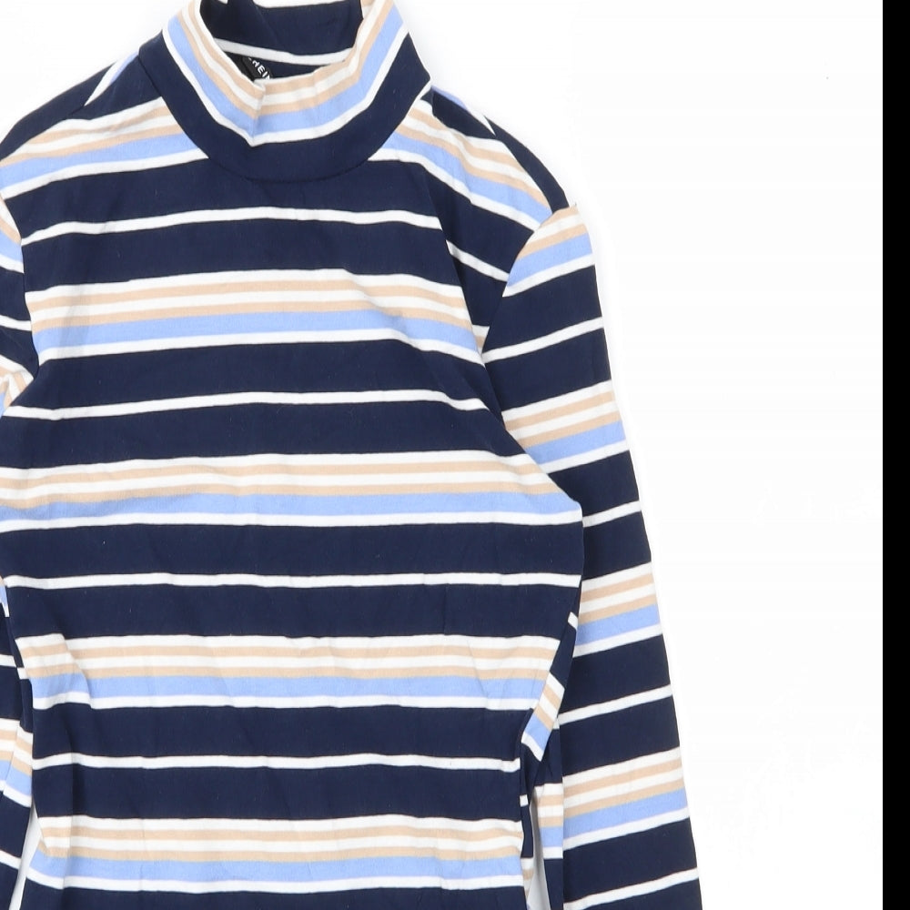 SheIn Womens Blue Striped Cotton Basic T-Shirt Size XS Mock Neck