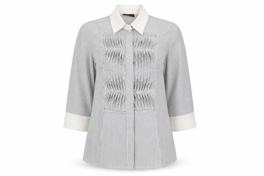 Front view of Principles women’s grey striped cotton basic blouse, size UK 12, collared