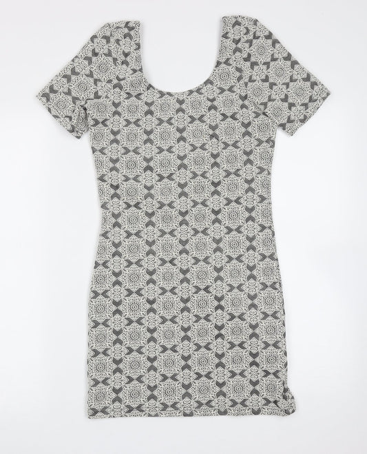 Topshop Womens Grey Floral Cotton Mini  Size 10  Round Neck