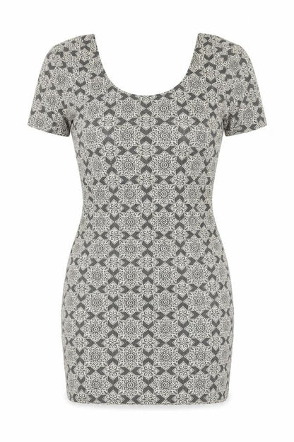 Front view of Topshop women’s grey floral cotton mini, size UK 10, round neck