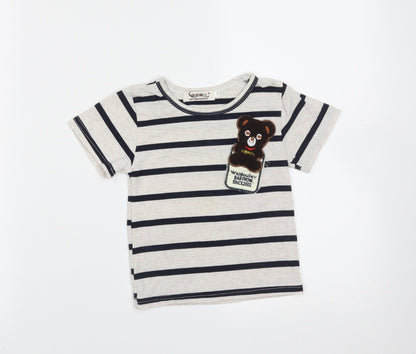 Preworn Boys Beige Striped Cotton Basic T-Shirt Size 5 Years Round Neck  - bear
