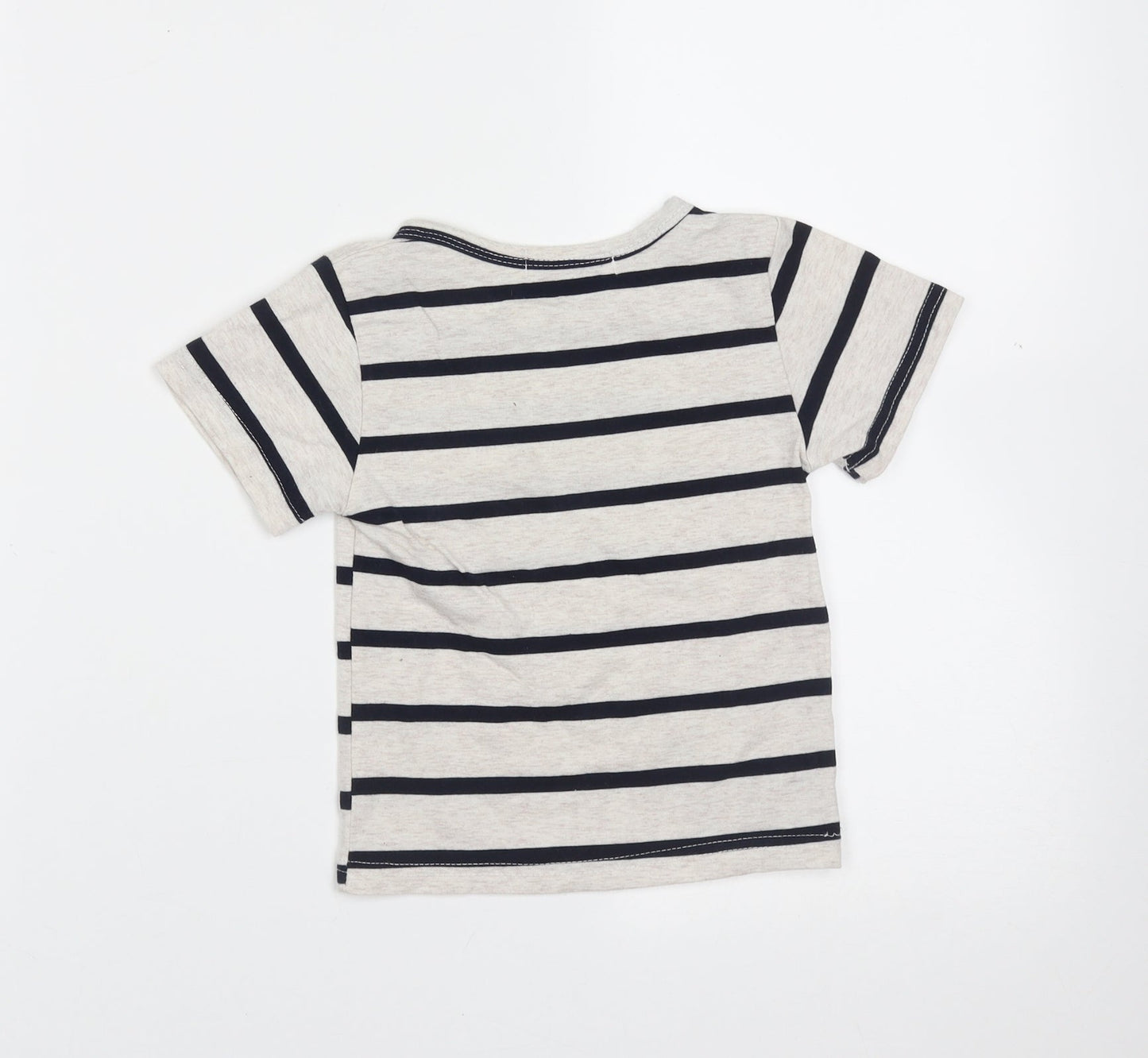 Preworn Boys Beige Striped Cotton Basic T-Shirt Size 5 Years Round Neck  - bear