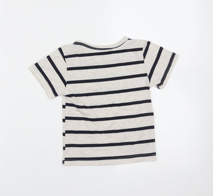 Preworn Boys Beige Striped Cotton Basic T-Shirt Size 5 Years Round Neck  - bear