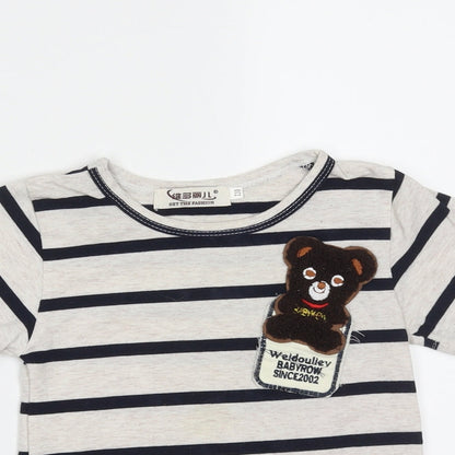 Preworn Boys Beige Striped Cotton Basic T-Shirt Size 5 Years Round Neck  - bear