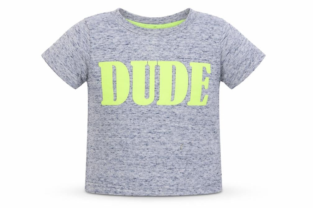 Front view of Mini Rebel boys’ blue polyester basic t-shirt, size 12-18, months round neck - dude